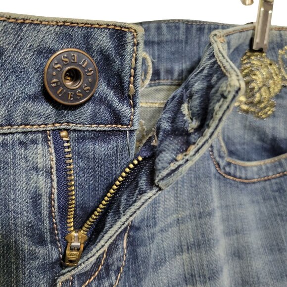 Guess Womens Size 32 Jeans Denim Embroidered Gold Roses Bootcut Factory Fade - Picture 10 of 15